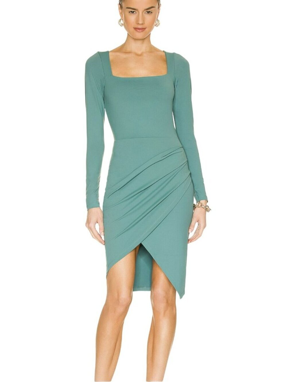 Susana Monaco Elegant Teal Long Sleeve Asymmetrical Wrap Bottom Dress Size Large
